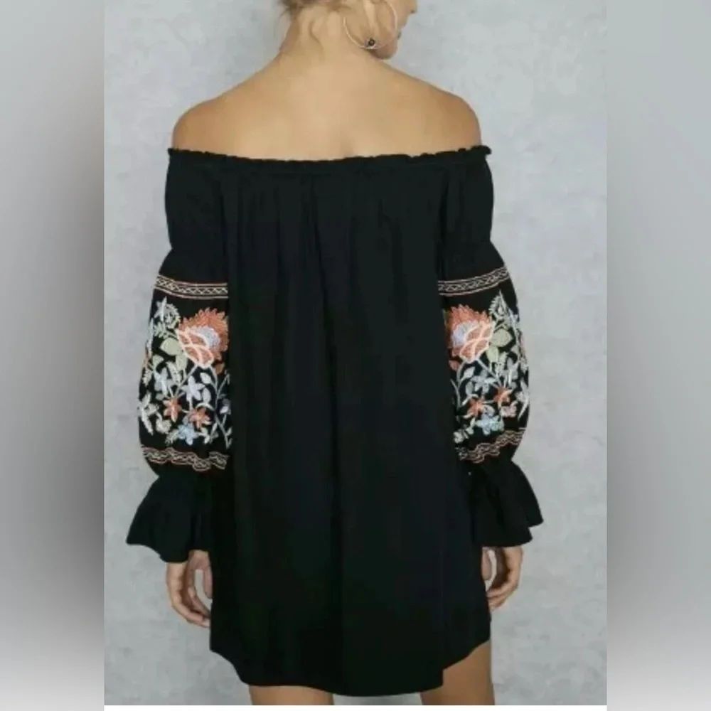Free People Fleur Du Jour Black Floral Embroidered Off Shoulder Dress Black S